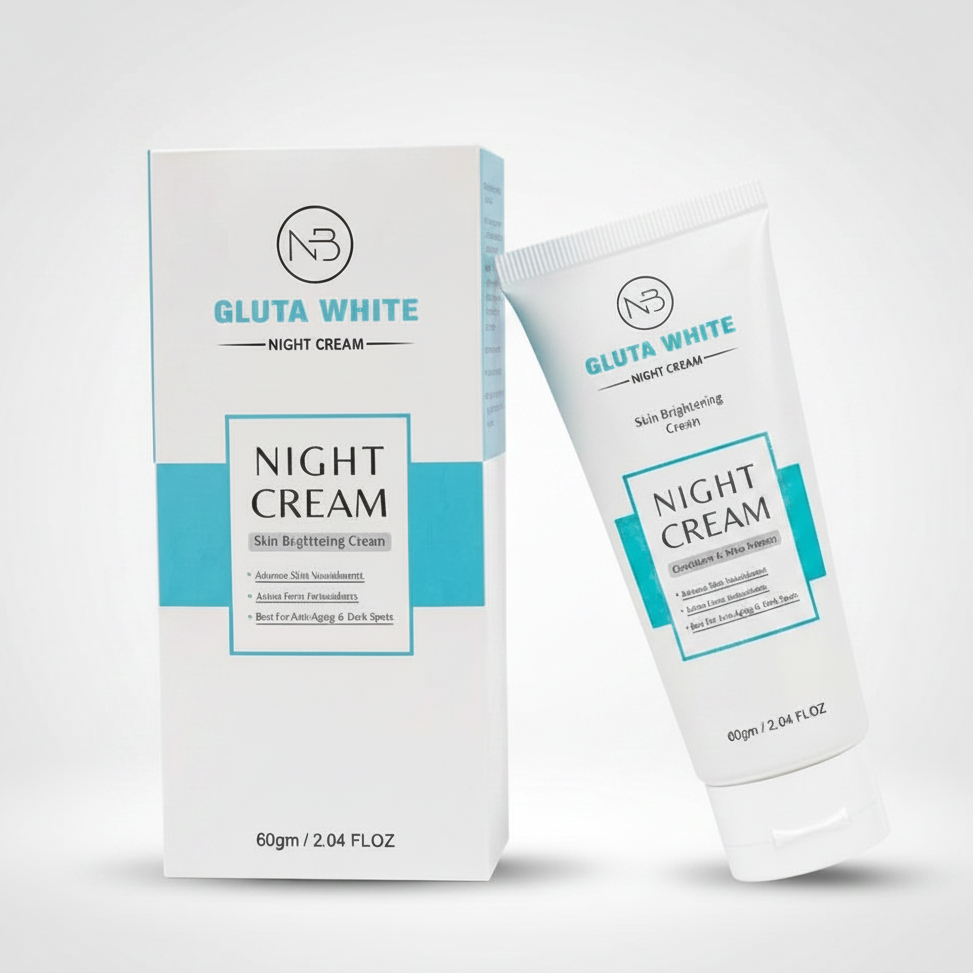 Gluta White night cream carton and tube, white with teal label and “60g / 2.04 fl oz” marking.