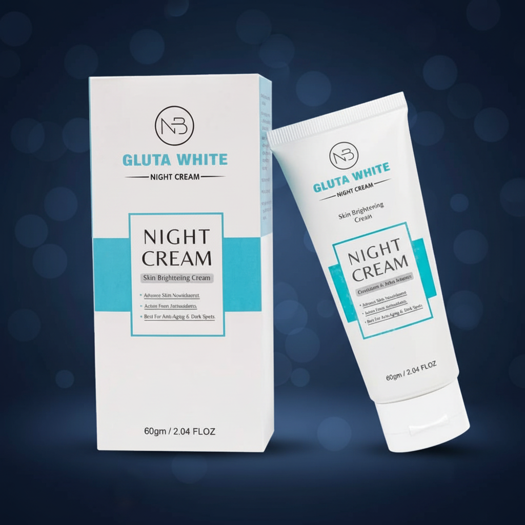 Gluta White night cream box and tube set, white with teal boxed “Night Cream” text.