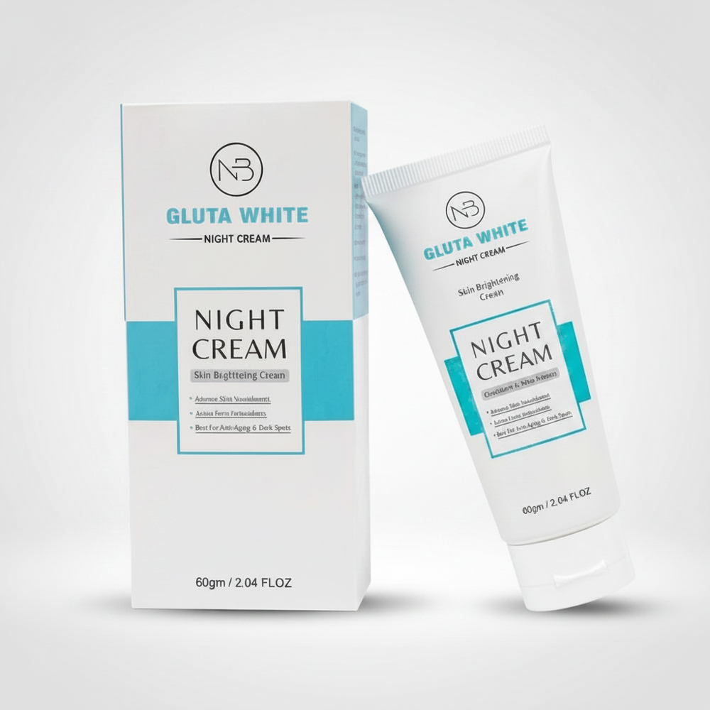 Gluta White night cream box and tube, white containers with teal label and blue branding strip.