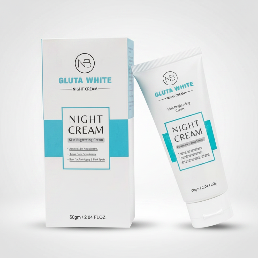 Gluta White night cream tube and carton, white with teal “Night Cream” panel and cap.