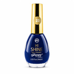 Blue nail polish bottle with gold cap, shade 23 Genny Hi Shine nail enamel.
