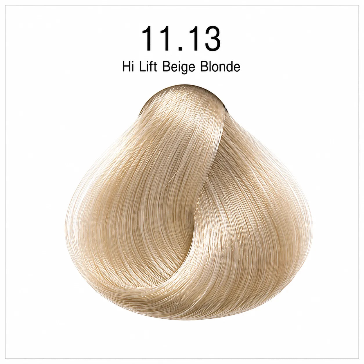 Hair color shade swatch 11.13 hi lift beige blonde, curled hair texture sample.