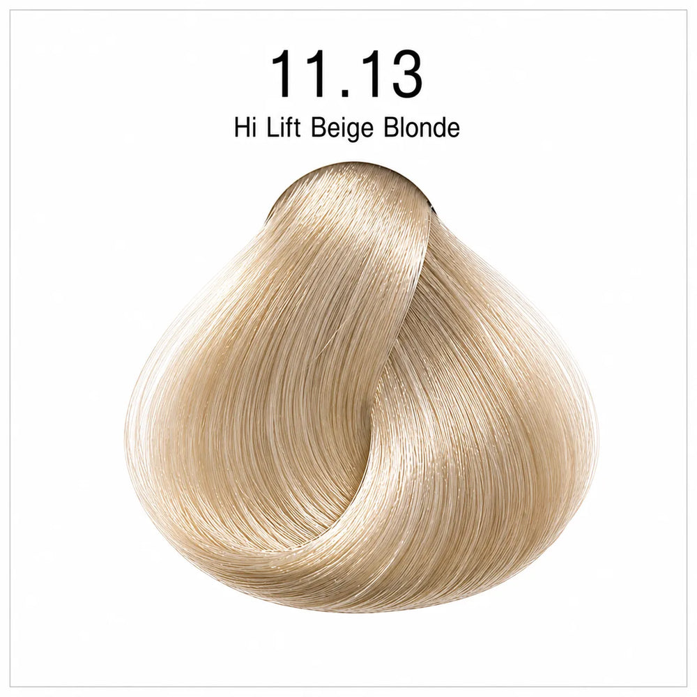 Hair color shade swatch 11.13 hi lift beige blonde, curled hair texture sample.