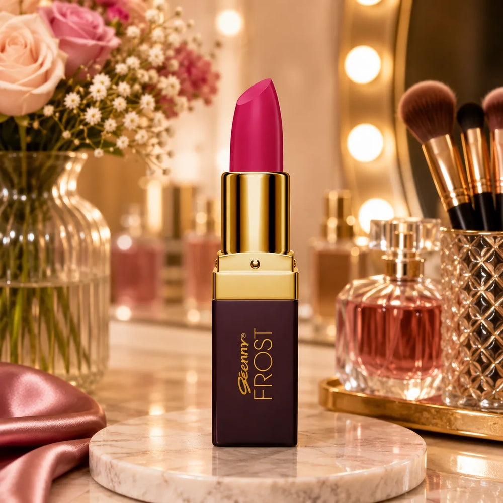 Pink-mauve lipstick tube with gold cap and Frost label