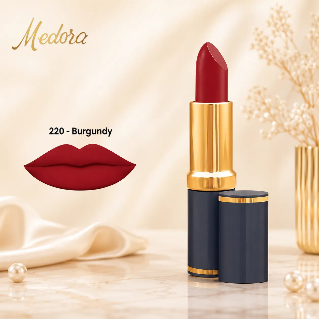 Burgundy matte lipstick with gold cap and black container, with burgundy lip swatch
