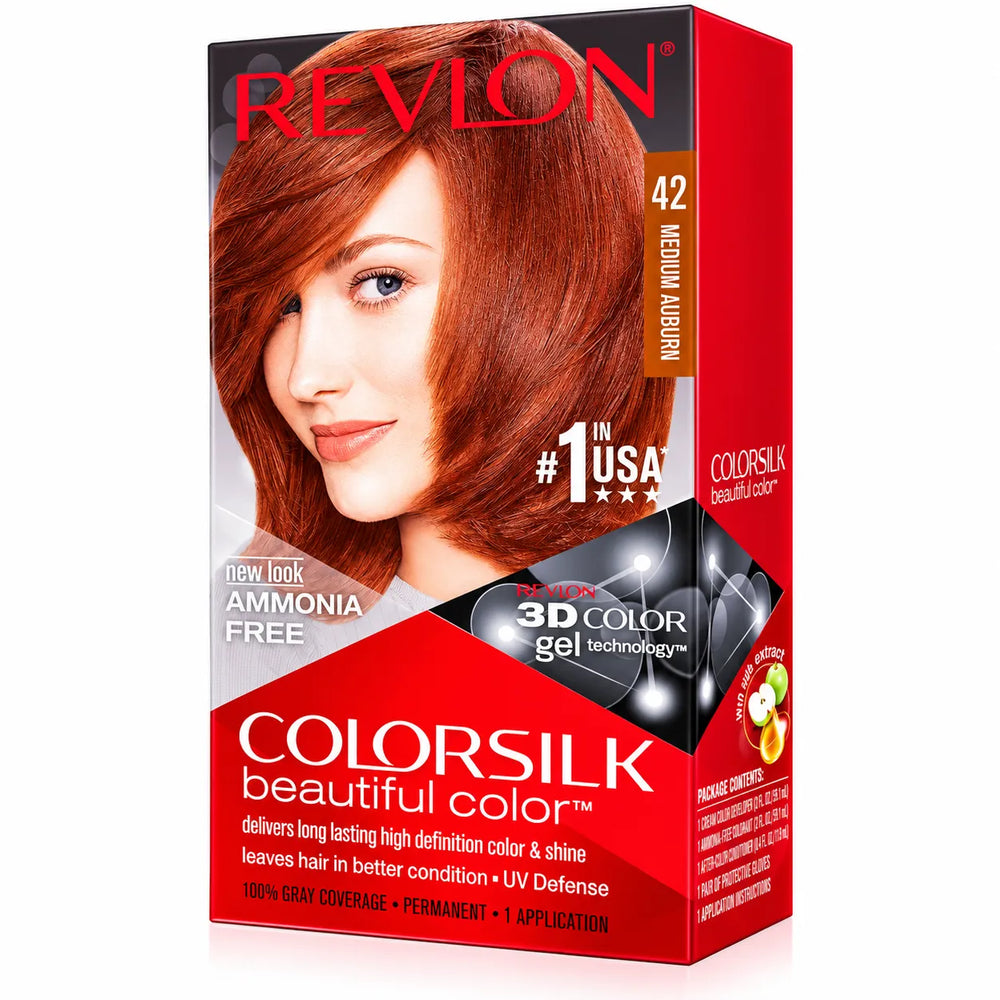 Colorsilk hair color kit box, medium auburn shade 42, 3D color gel, ammonia-free