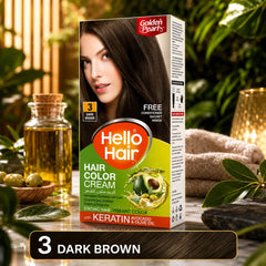 Dark brown hair color cream box with model and Golden Pearls branding