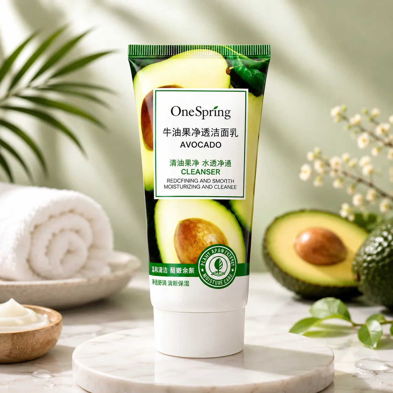 Avocado face cleanser in green squeeze tube with OneSpring label and foil top