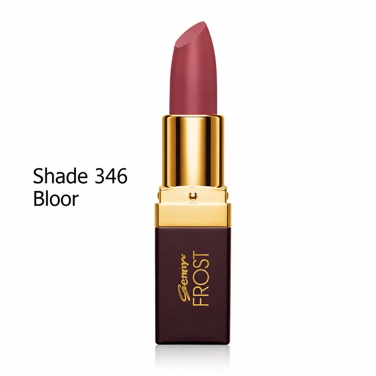 Rose mauve lipstick, gold cap and maroon case with Genny Frost, Shade 346 Bloor