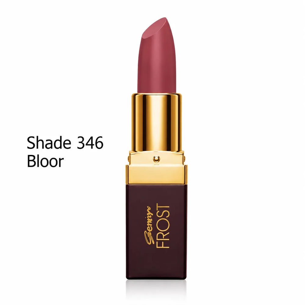 Rose mauve lipstick, gold cap and maroon case with Genny Frost, Shade 346 Bloor