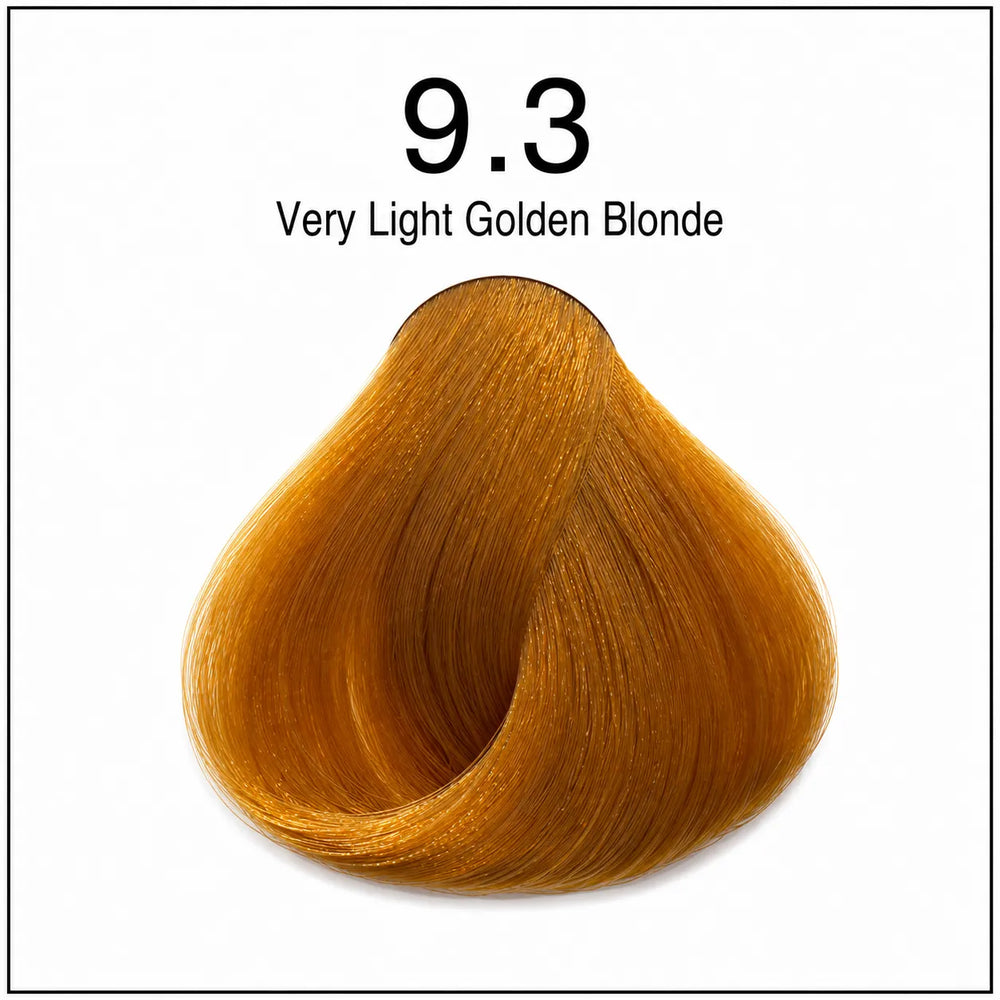 Hair color dye shade swatch 9.3 Very Light Golden Blonde, bright golden blonde tone