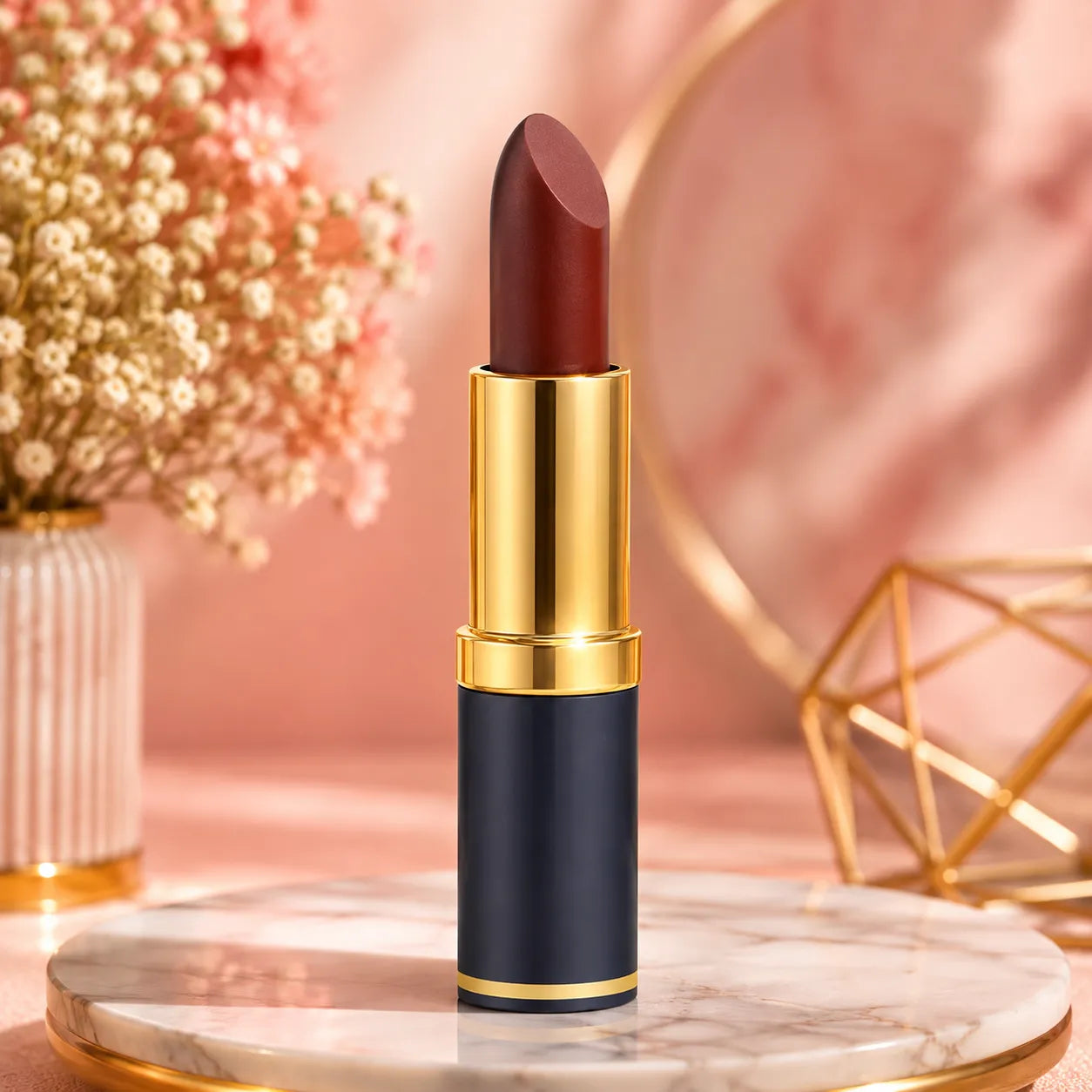 Gold tube matte lipstick with dark maroon bullet