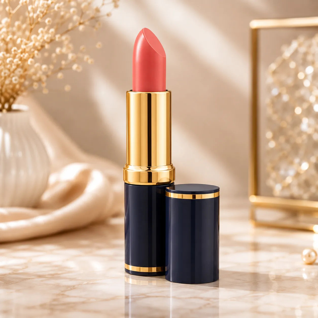 Coral pink lipstick with gold tube and navy case, open bullet tip