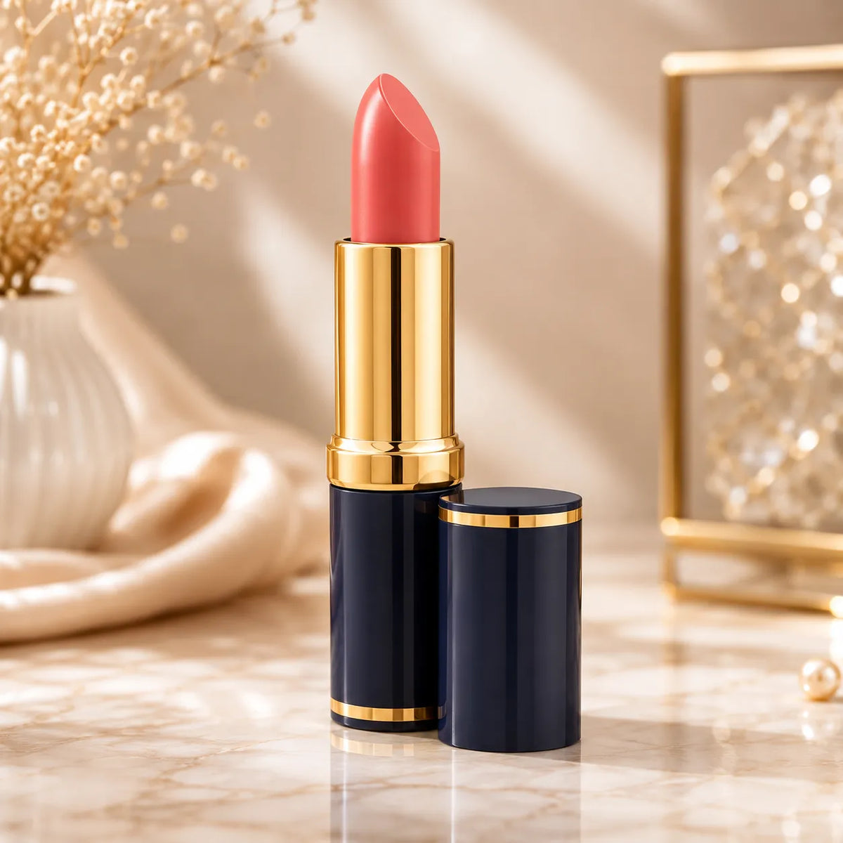 Coral pink lipstick with gold tube and navy case, open bullet tip