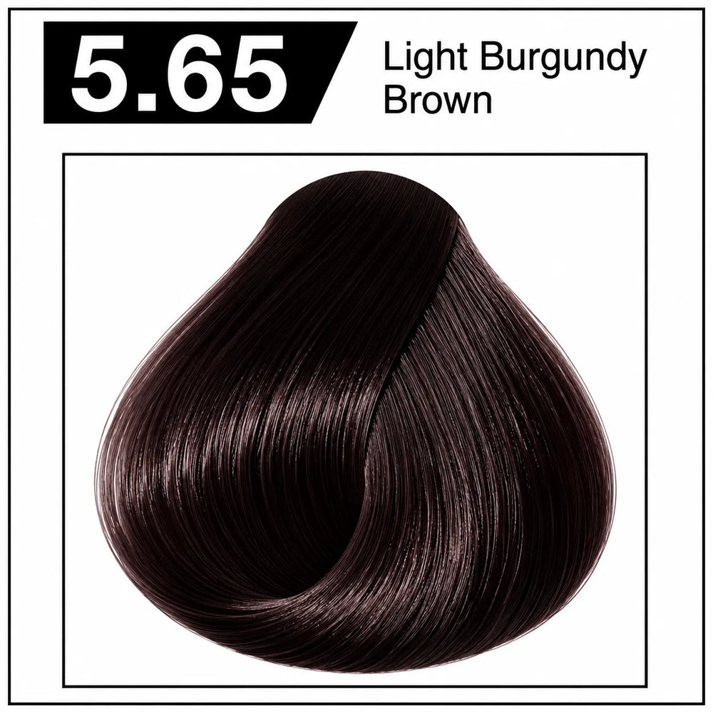 Hair color shade swatch, light burgundy brown hair dye cream