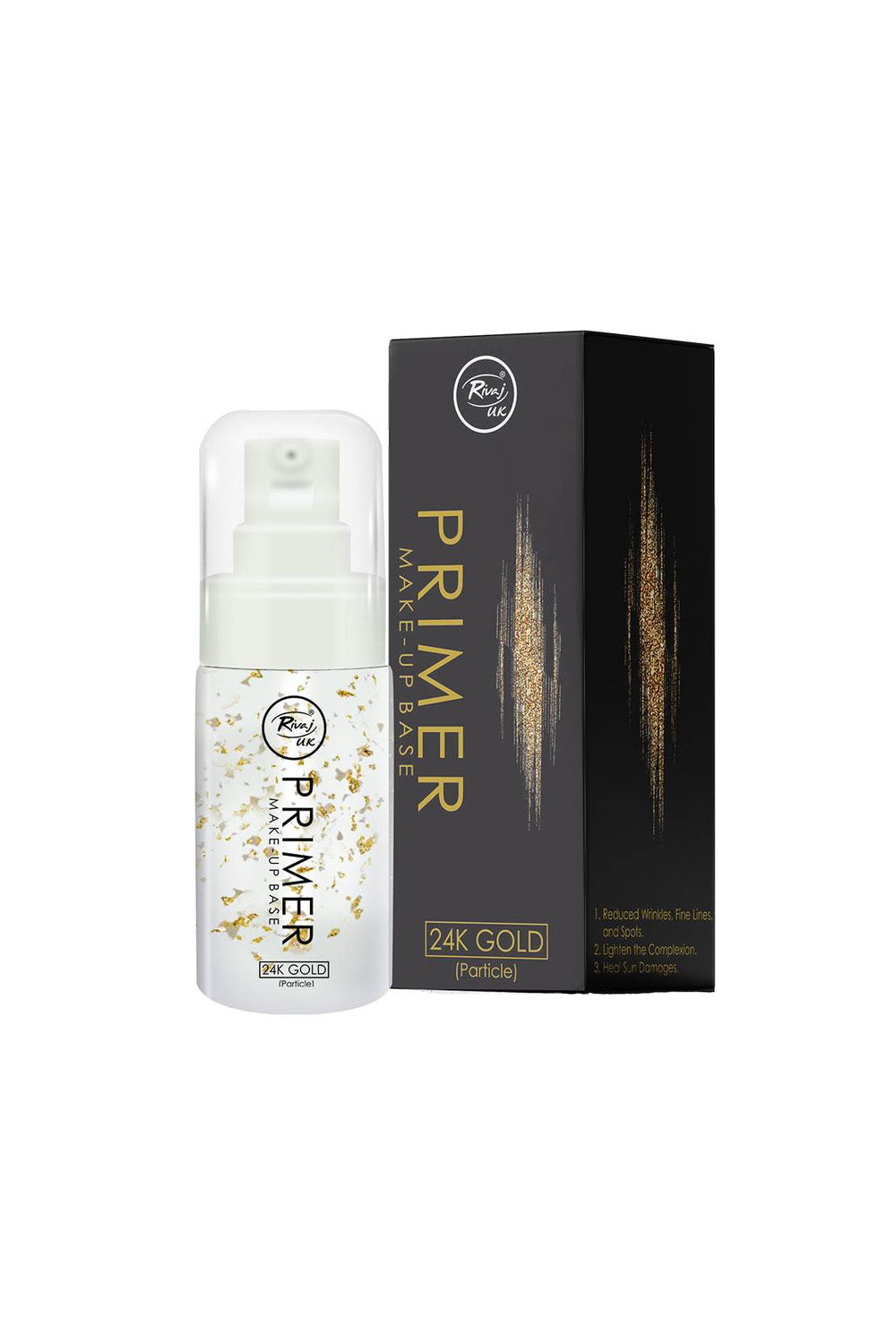 Face primer spray bottle and 24k gold box, gold-accent logo