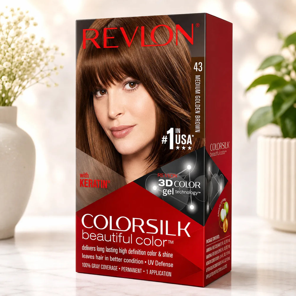 Revlon ColorSilk hair color box, shade 43 medium brown, 40 ml, 3D color gel