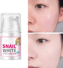 Disaar snail white face cream bottle beside close-up of treated skin