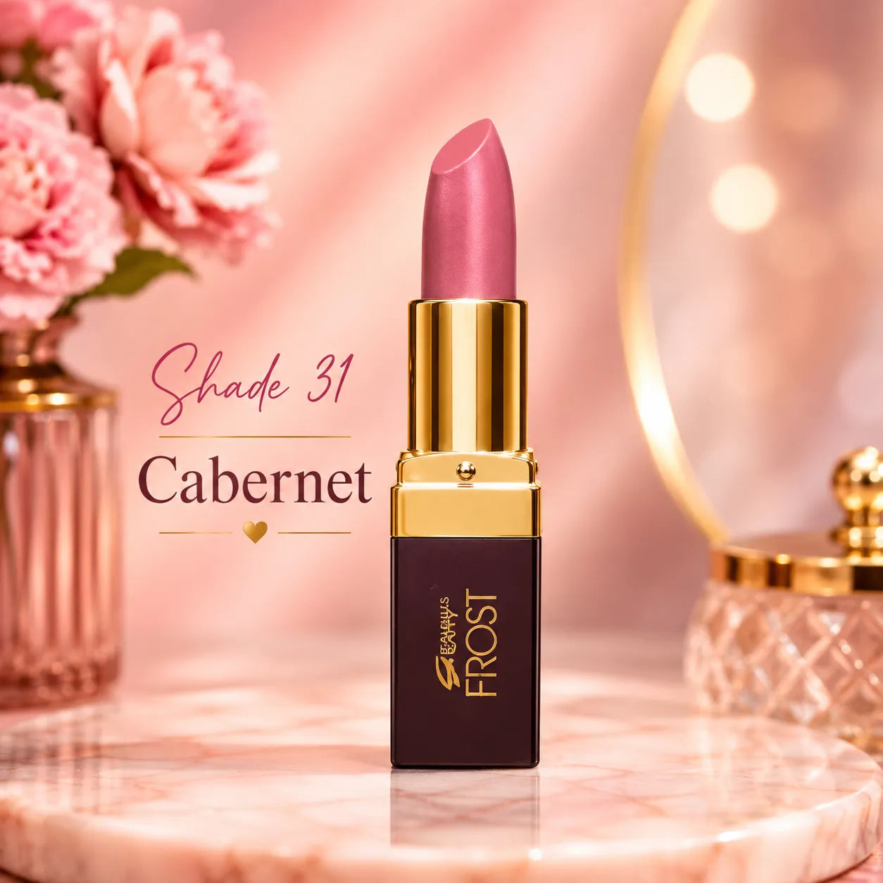 Pink lipstick with gold cap, shade 31 Cabernet on dark maroon base