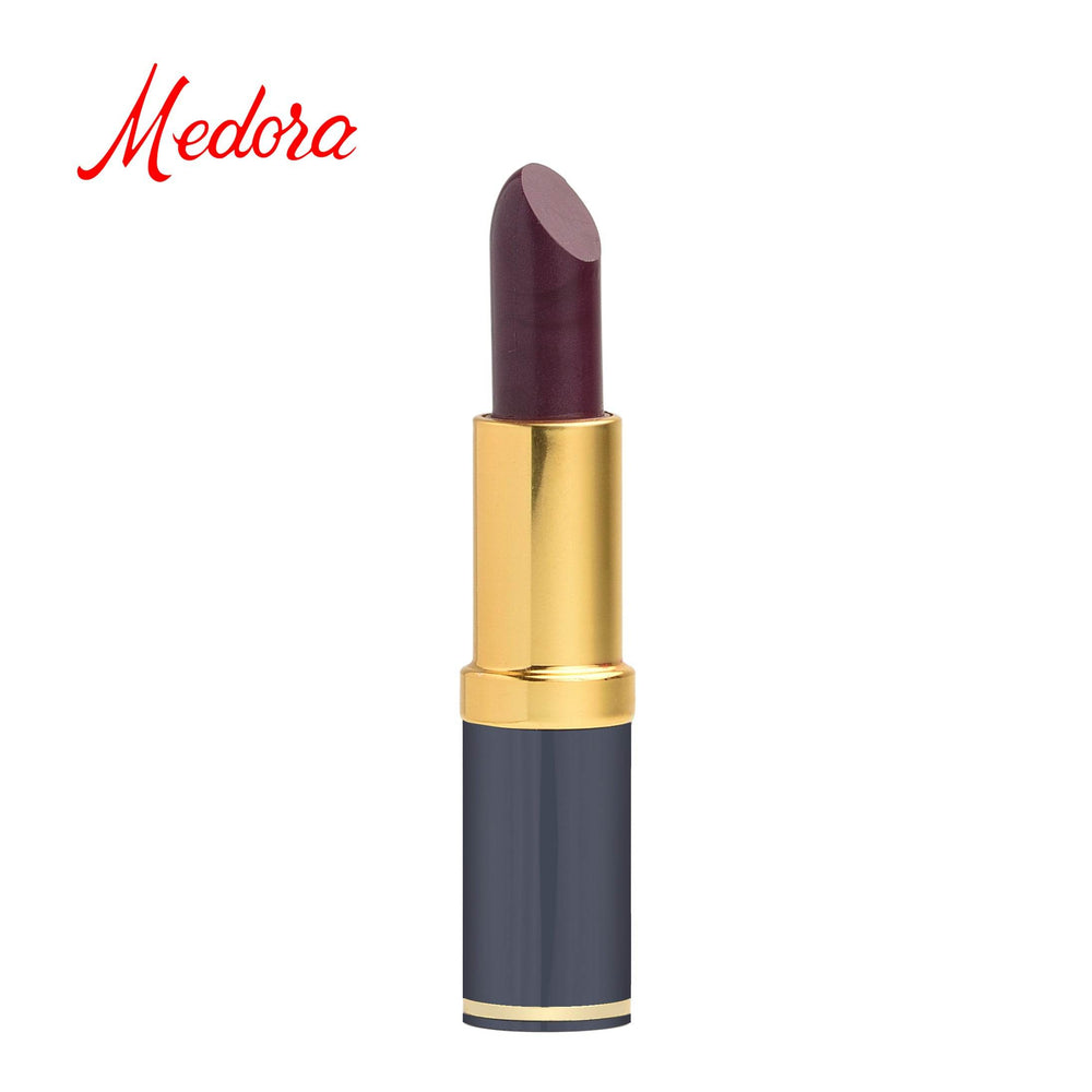 Gold lipstick tube with dark base and berry purple lipstick bullet