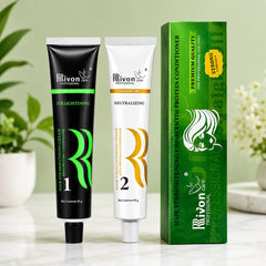 Hair straightening cream set with black tube 1, white tube 2, and green box