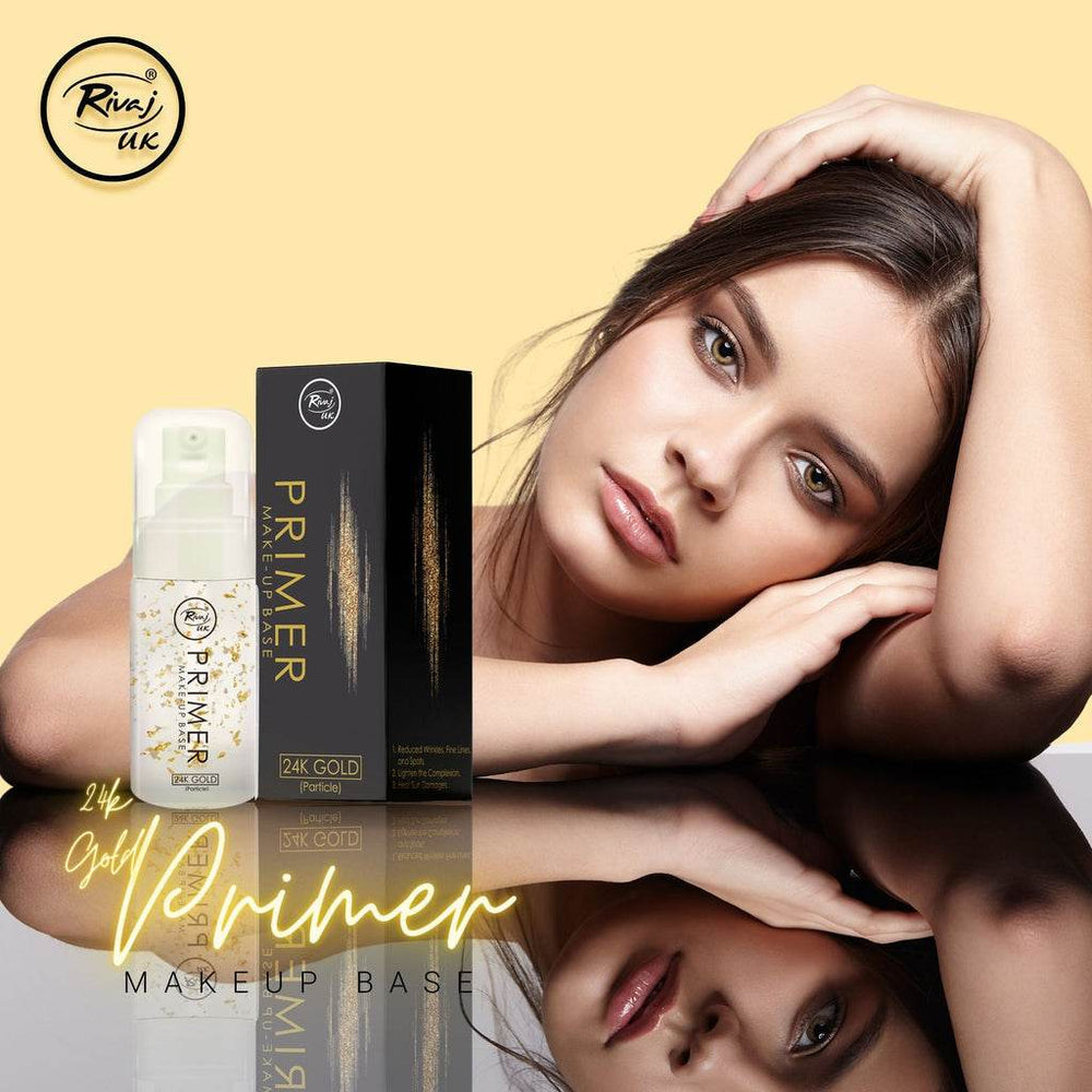 Face primer spray bottle and box beside a model headshot