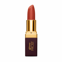 Genny Frost lipstick in reddish-brown shade, gold cap, maroon rectangular case