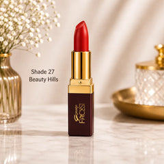 Red lipstick on gold base, Frost shade 27 Beauty Hills