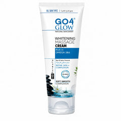 Whitening massage cream tube, blue label 'Omega 386' and refined complexion text.