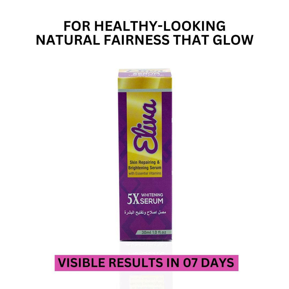 Eliva 5X whitening serum carton box, purple and gold with gold cap top