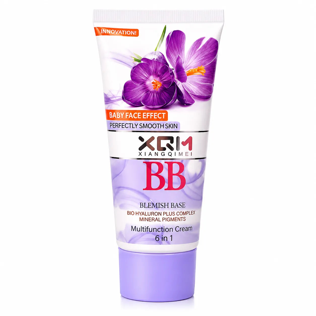 XQM lavender BB blemish base 6-in-1 cream tube with purple flower graphic