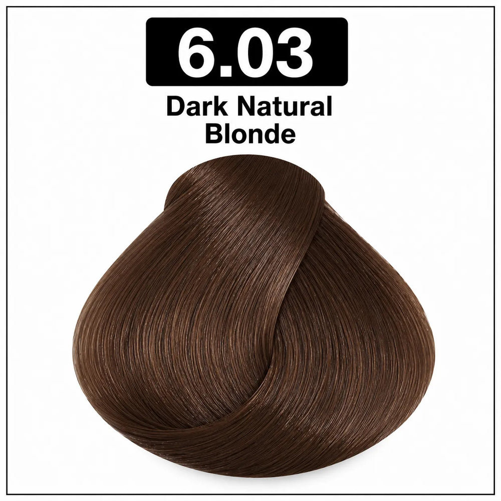 Hair color shade 6.03 Dark Natural Blonde, dark brown swatch with warm tone.