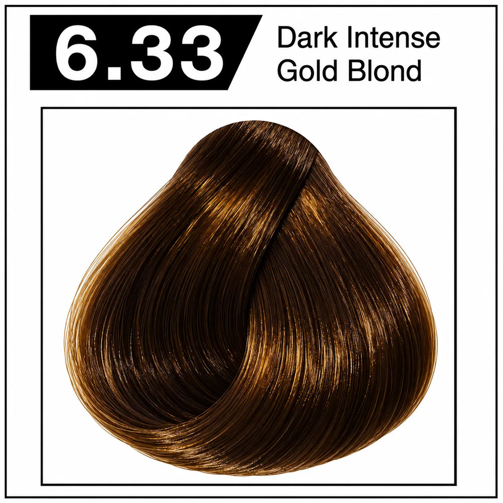Hair color shade 6.33, dark intense gold blond, glossy dark golden-brown hair tone
