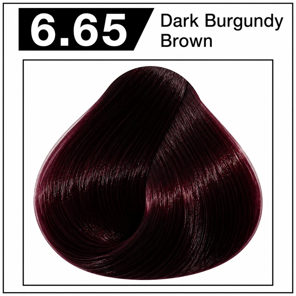 Hair color shade swatch, dark burgundy brown hair dye cream