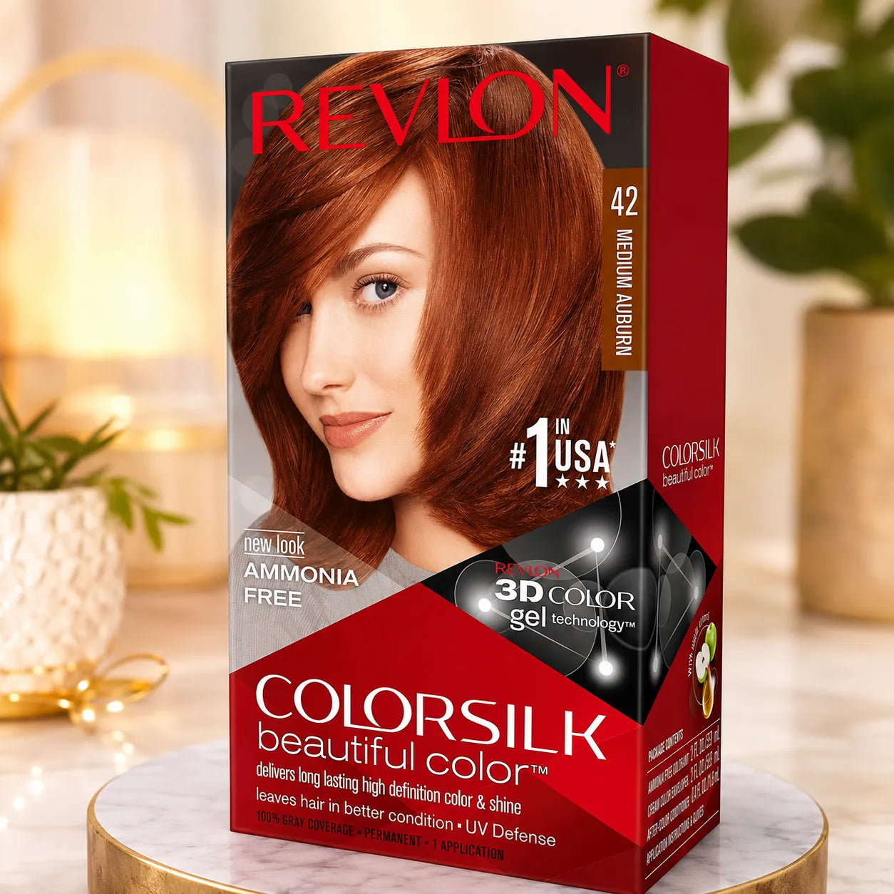 Revlon ColorSilk 42 medium auburn hair color box, 59 ml front view