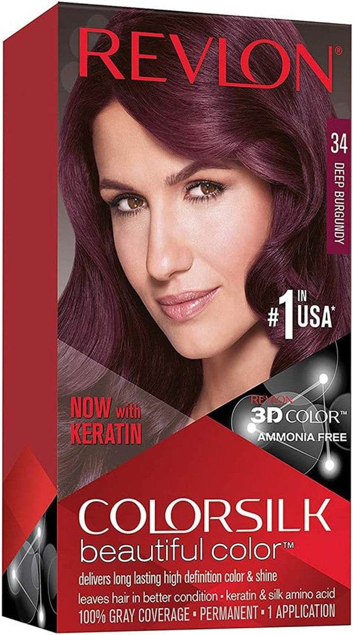 Revlon ColorSilk hair color box 34 with keratin, deep burgundy