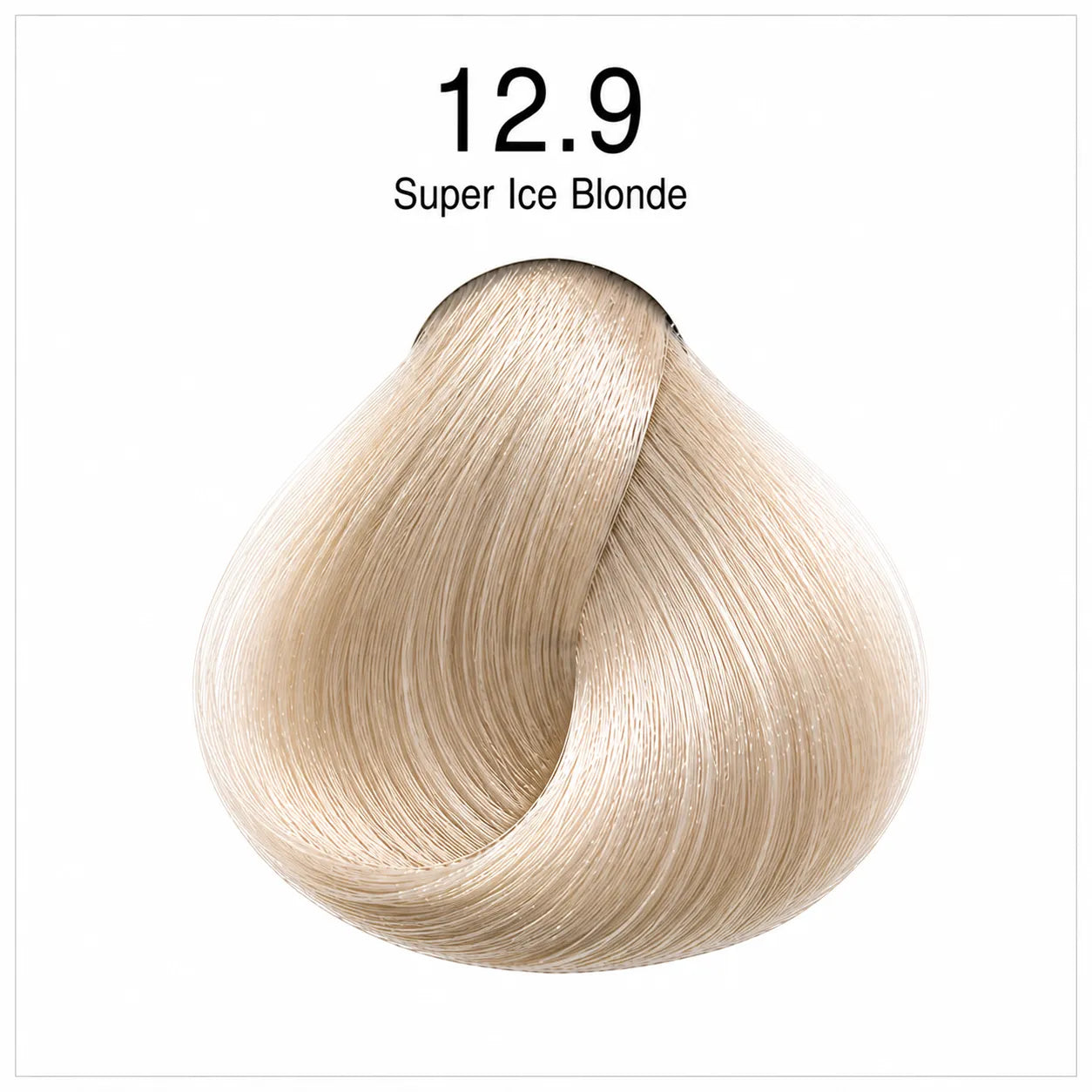 Hair color shade swatch 12.9 super ice blonde, pale light-blonde curled hair sample.