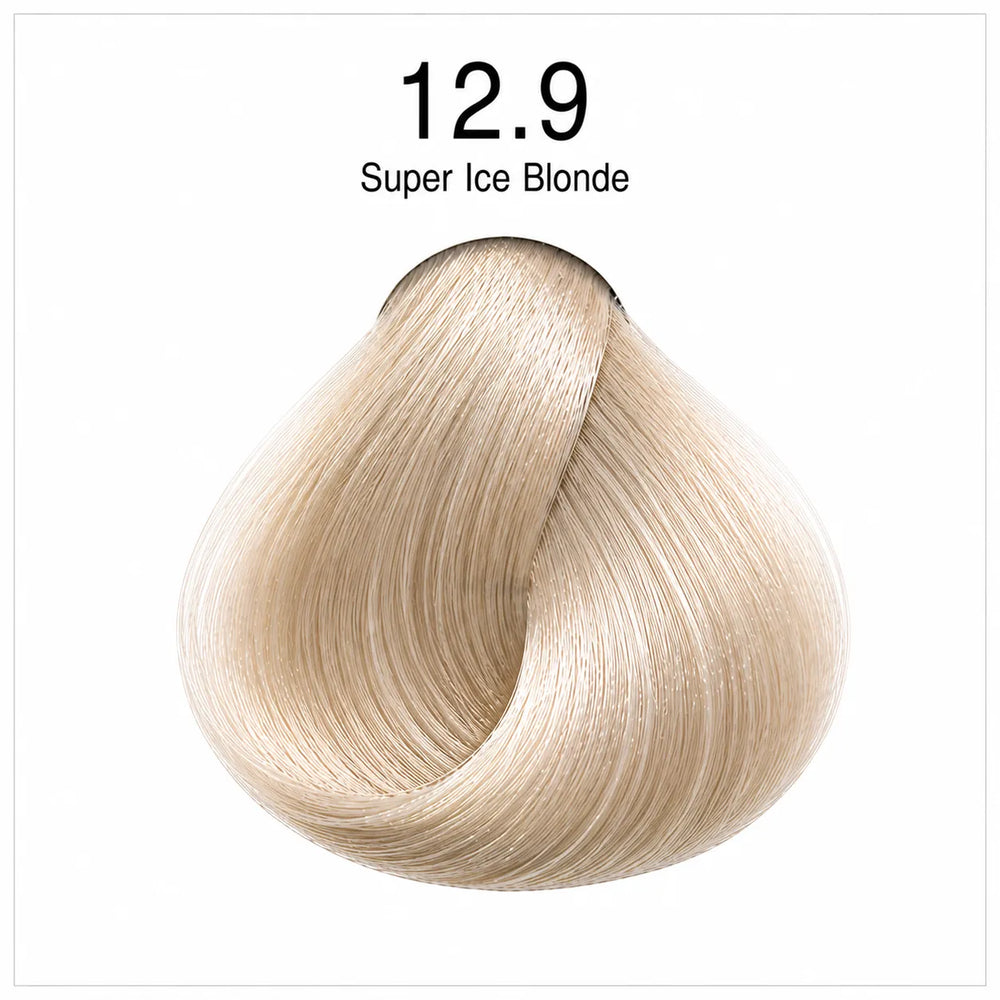 Hair color shade swatch 12.9 super ice blonde, pale light-blonde curled hair sample.