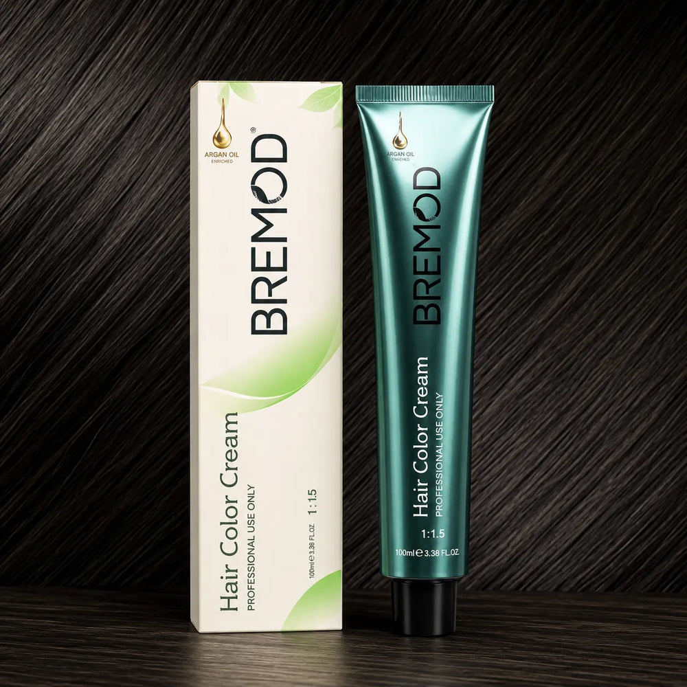 Bremod hair color cream tube and box, 100 ml size, for salon use.