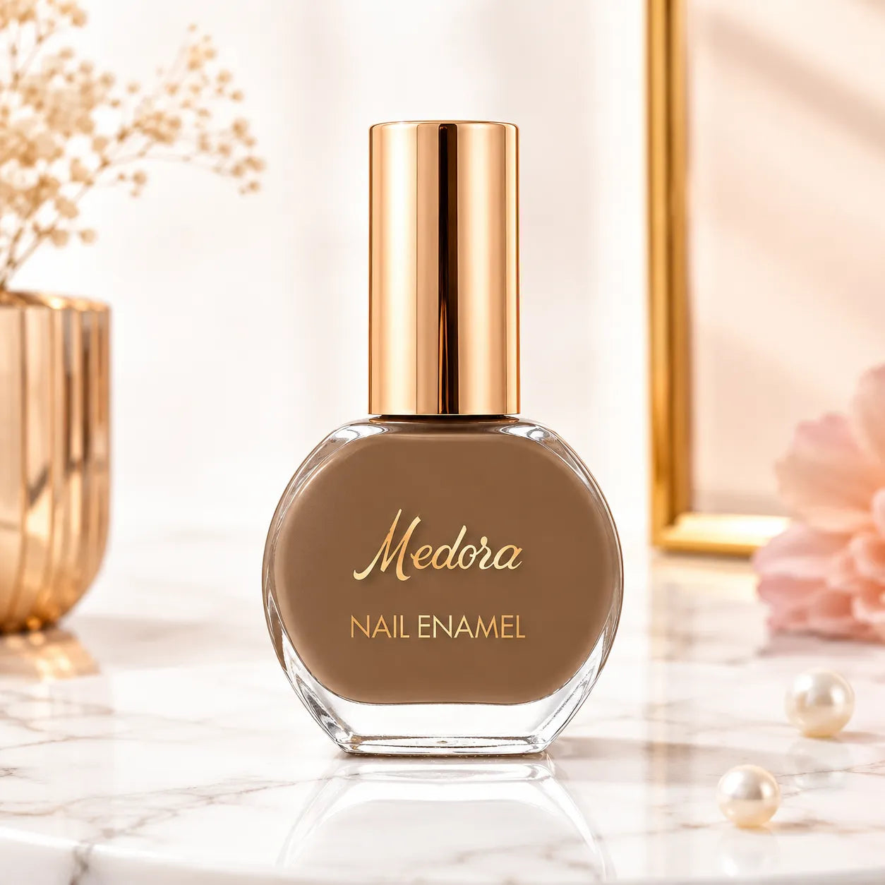 Medora nail enamel bottle in 343 muted olive-brown cream shade