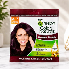 Garnier Color Naturals hair color sachet for shade 3.16 Natural Burgundy, nourishing.