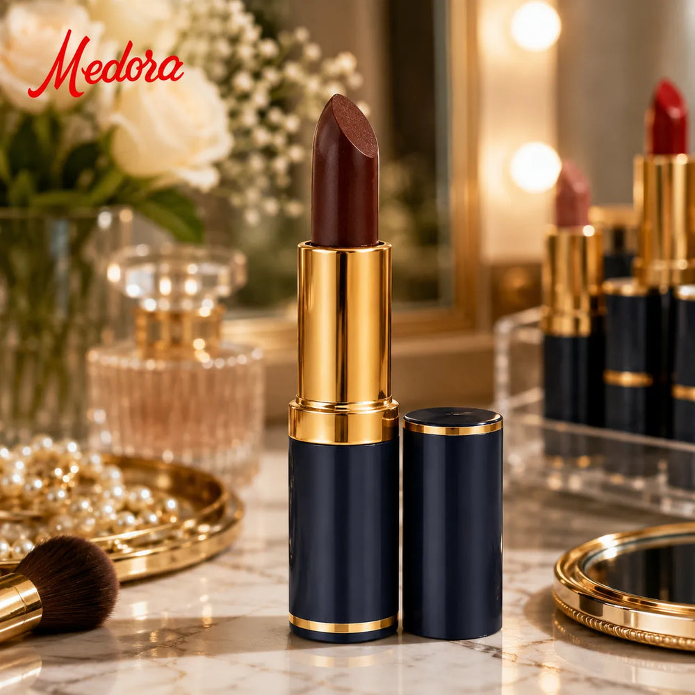 Dark berry lipstick in gold tube with cap open, on vanity surface