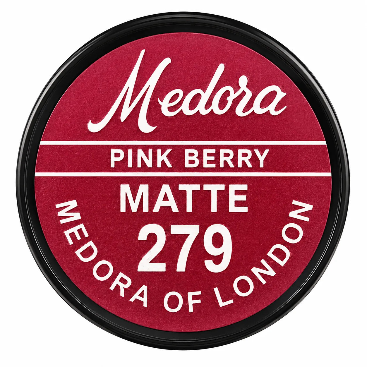 Matte lip color tin labeled Medora Pink Berry 279