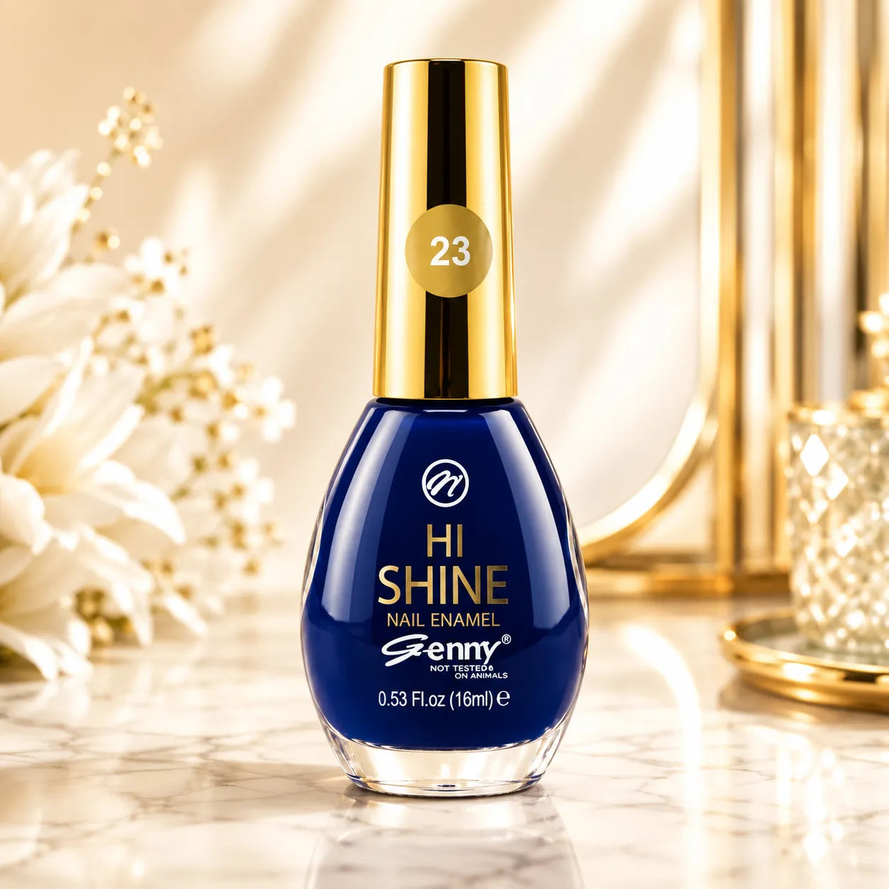 Blue Hi Shine nail enamel bottle with gold cap and shade 23 label.