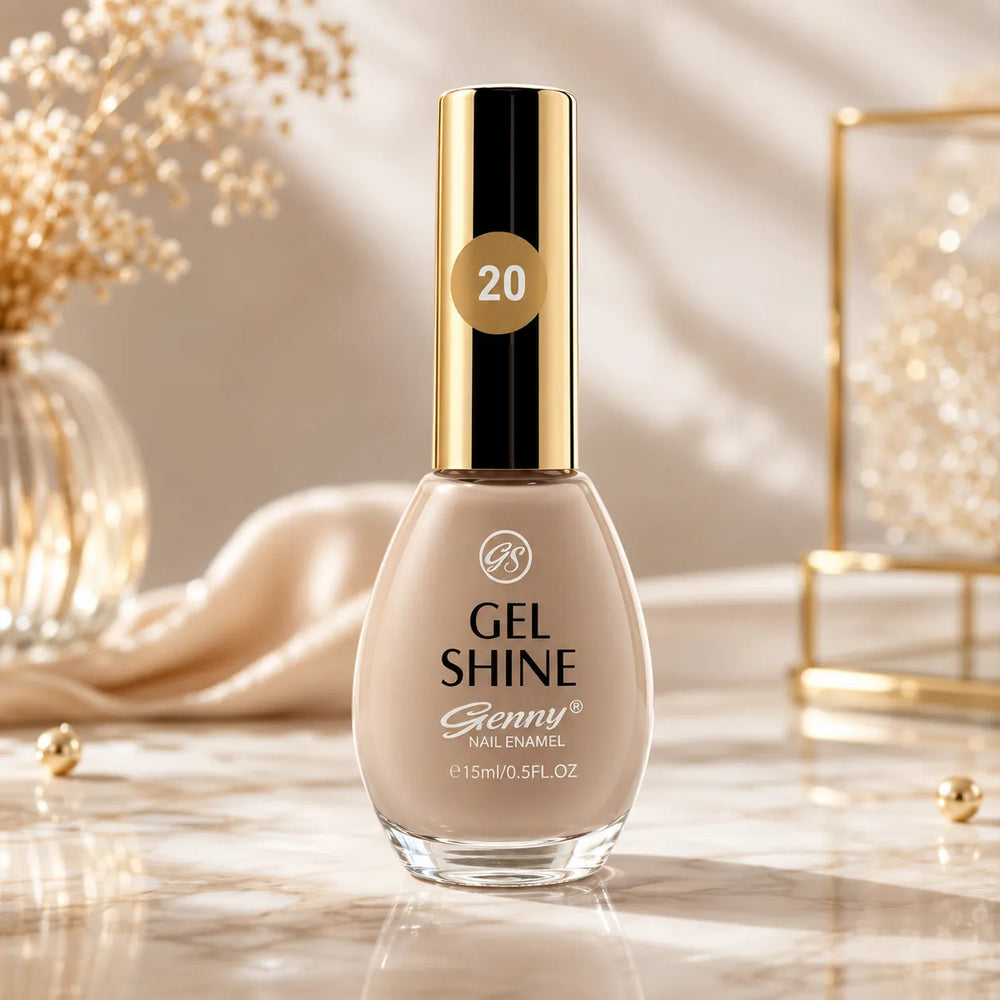 Beige gel shine nail enamel bottle with gold cap, shade 20, 15 ml.