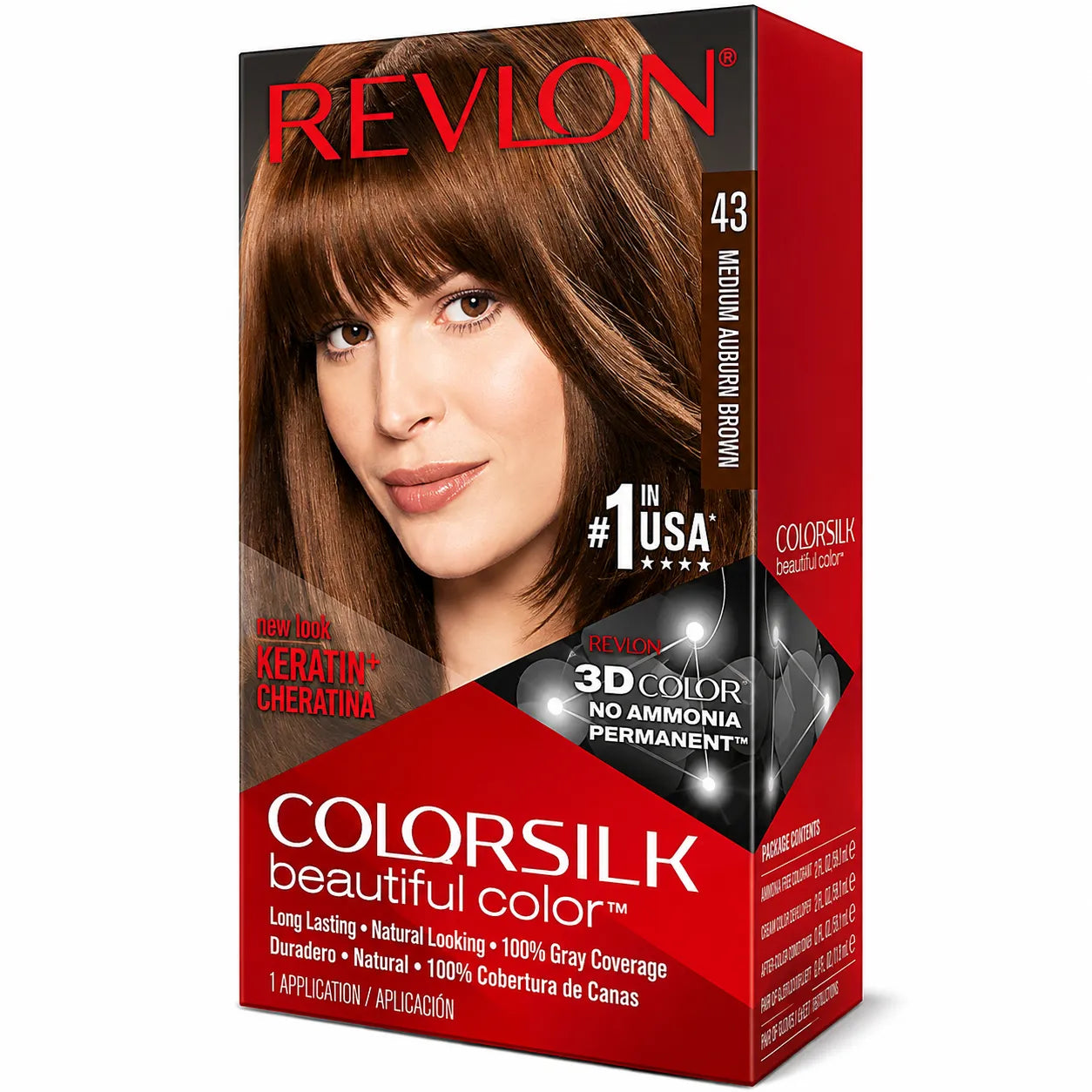 Revlon ColorSilk hair color box, shade 43 medium brown, 100% gray coverage claim