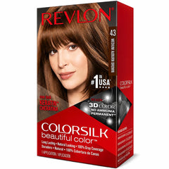 Revlon ColorSilk hair color box, shade 43 medium brown, 100% gray coverage claim