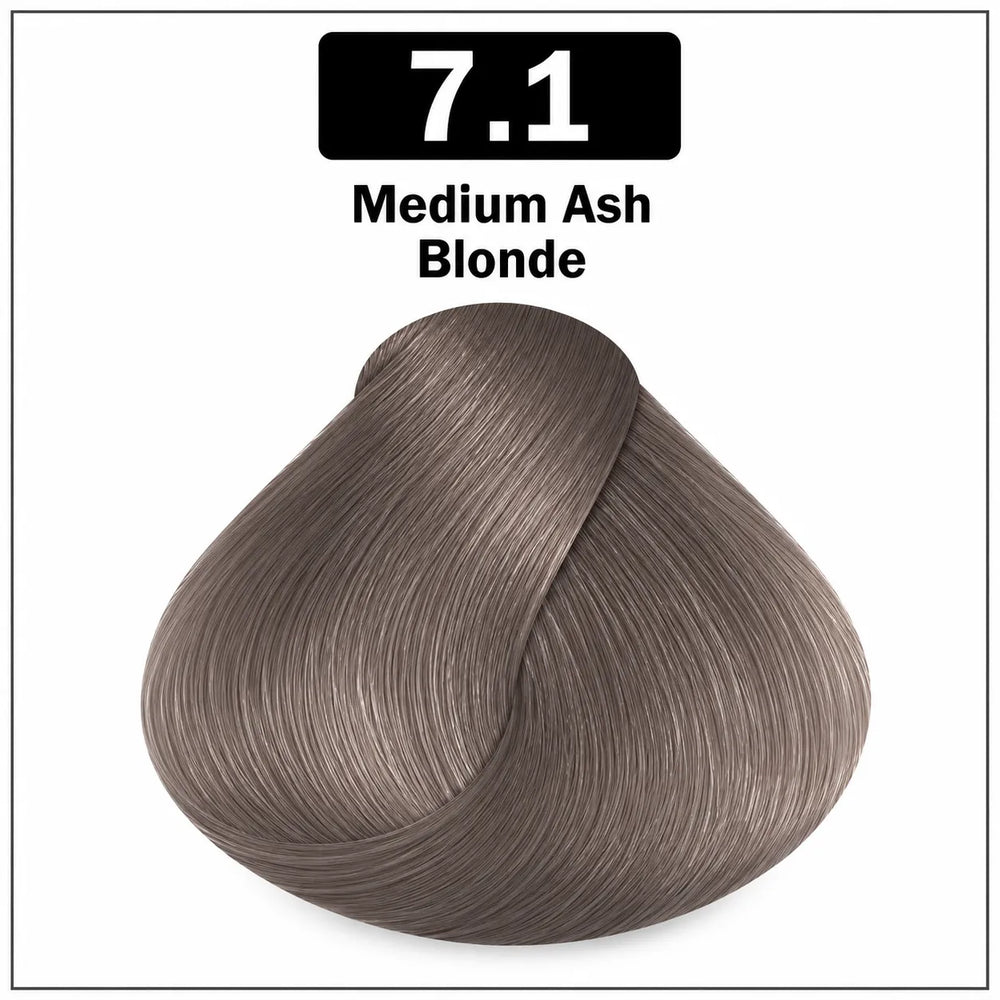 Hair color shade 7.1 Medium Ash Blonde, silvery medium ash blonde swatch.