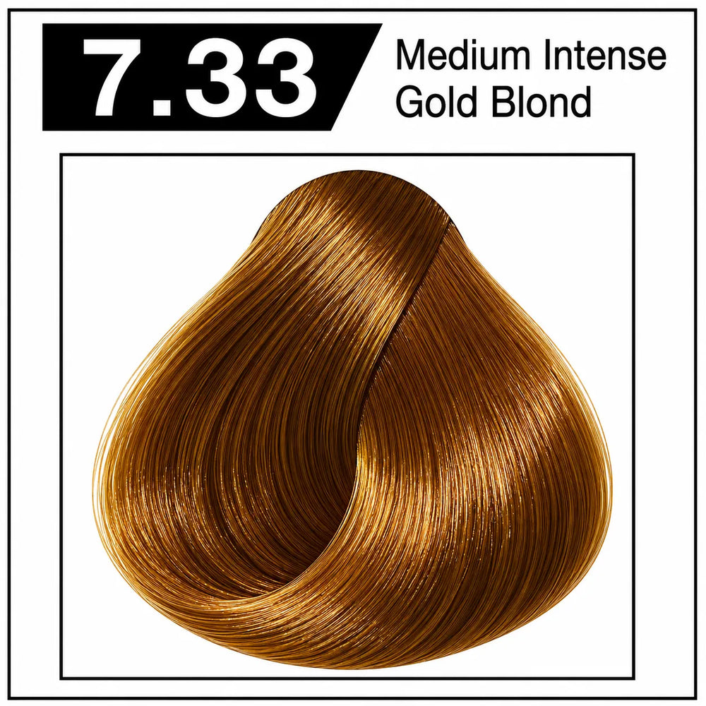 Hair color shade 7.33, medium intense gold blond, glossy golden hair tone