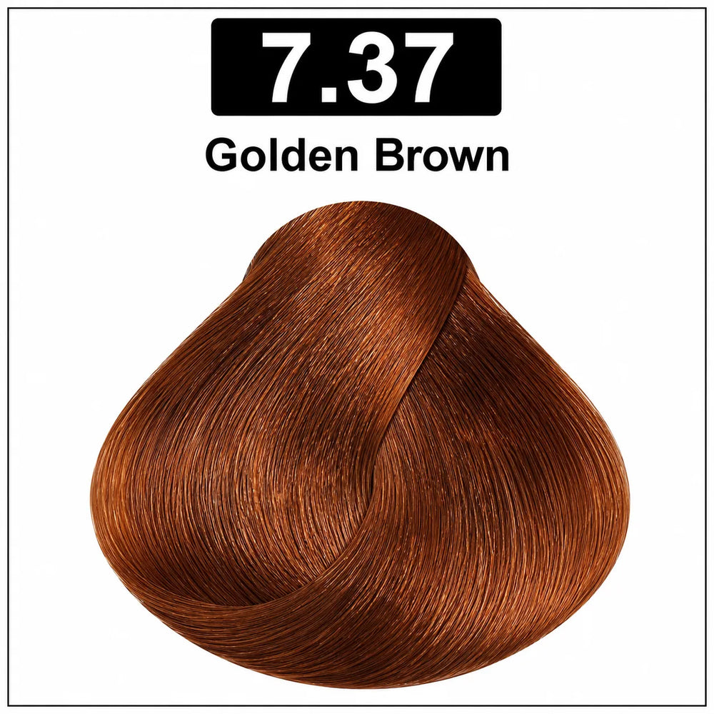 Hair color shade 7.37 Golden Brown, warm golden brown swatch.